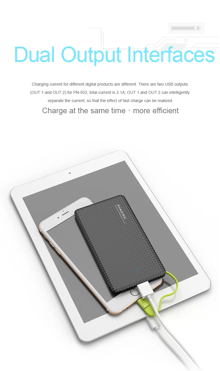 PINENG PN-952 10000mAh power Bank встроенный зарядный кабель Внешний аккумулятор вибрирующий переключатель USB питания