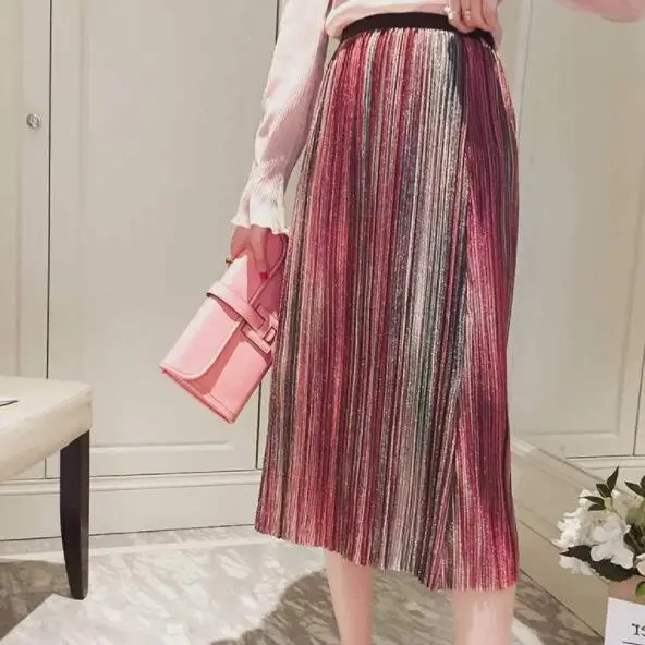 С металлическими блестками Люрекс В Полоску плиссированная юбка миди Винтаж