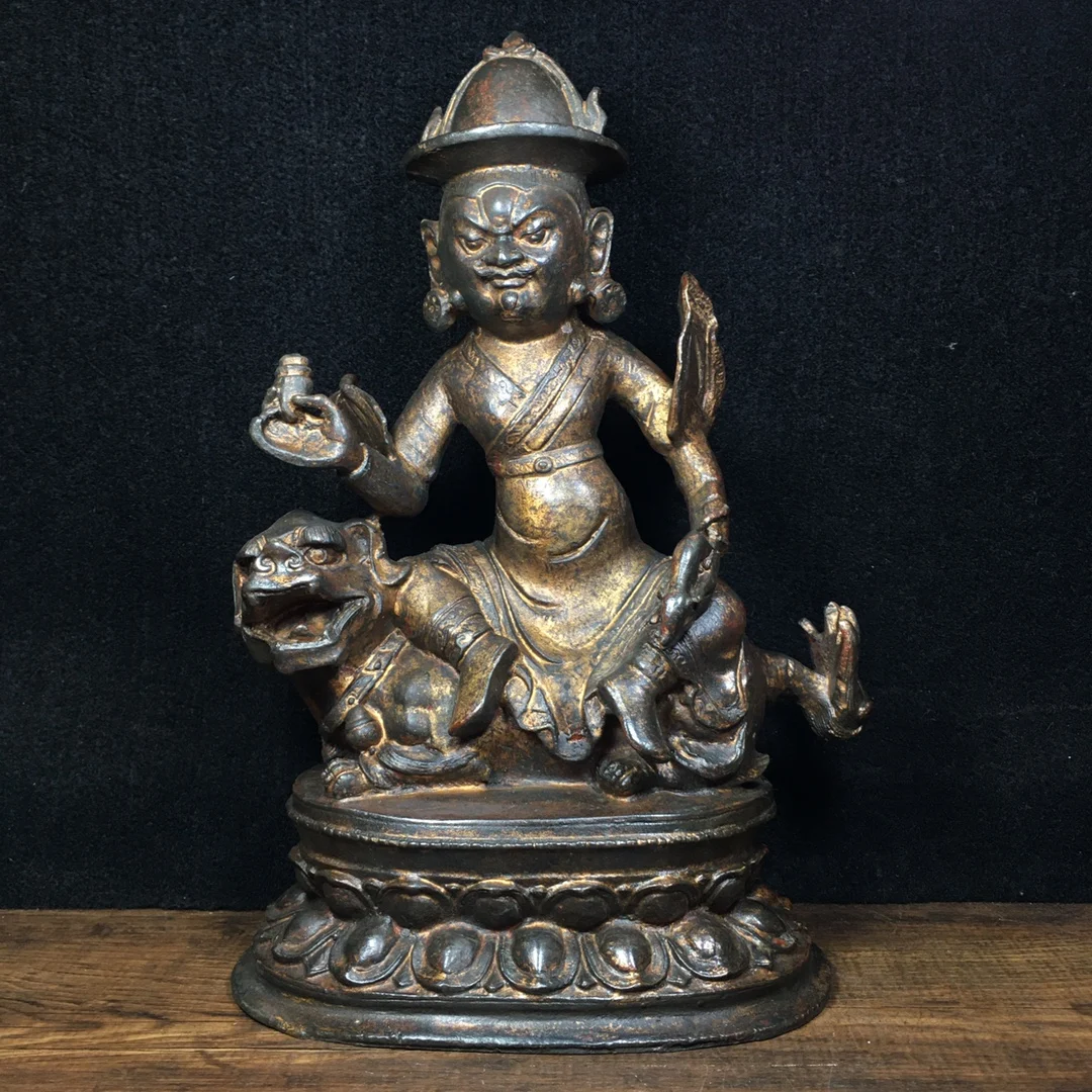 

11" Tibet Buddhism Old bronze Cinnabars Yellow God of Wealth Buddha Statue Lion riding Tantra Protector Enshrine the Buddha