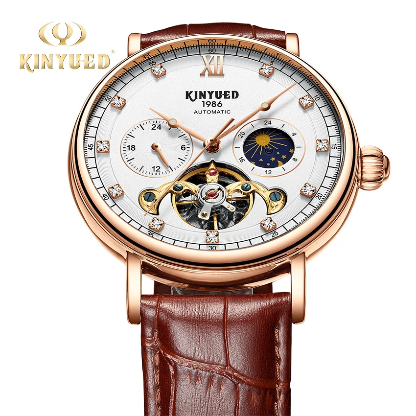 

KINYUED Classic Mens Watches Automatic Mechanical Watch Tourbillon Clock Genuine Leather Waterproof Military Retro Wristwatch