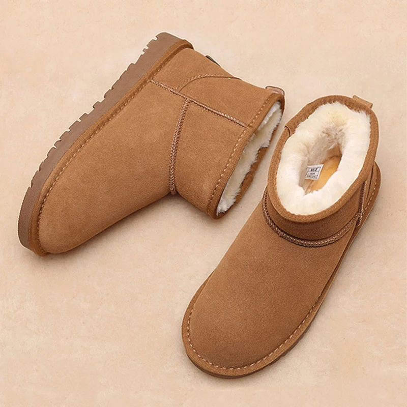 

Women Winter Fur Warm Snow Boots Cowhide Suede Leather Snow Ankle Boots Casual Ladies Waterproof Non-slip Comfortable Shoes