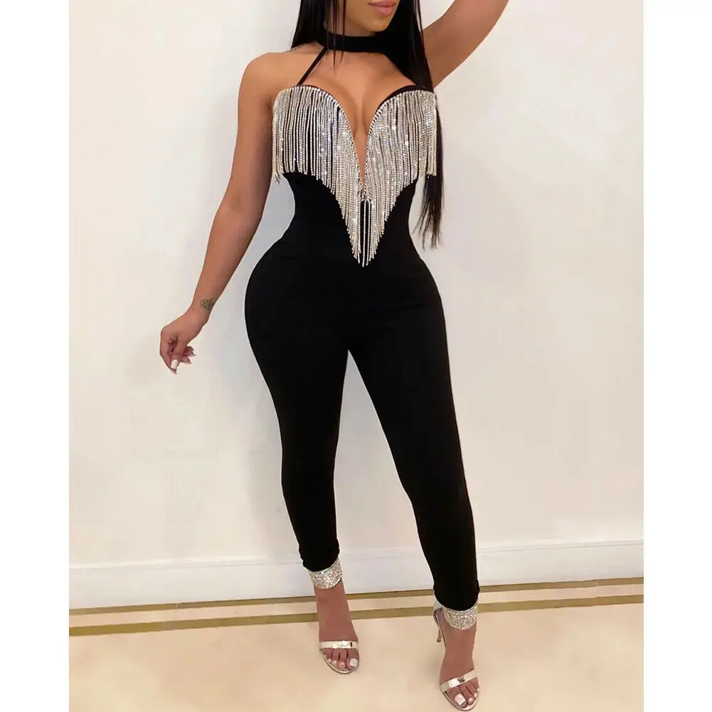 

V Neck Women Jumpsuit Romper Spring Autumn Sleeveless Tassels Pants Jumpsuit Clubwear Trousers Outfit Clothes For Female