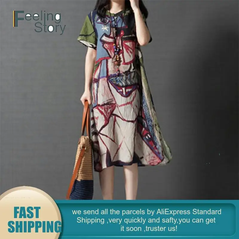 Женское свободное льняное платье Boho летнее повседневное пляжное с коротким