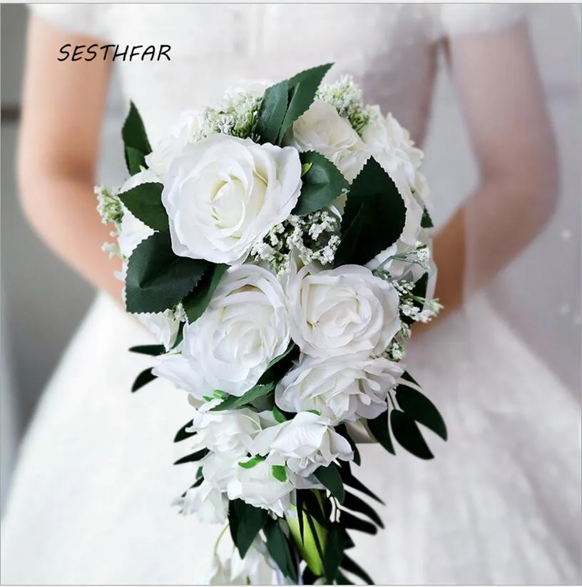 

Bridal Bouquet Bride Roses Artificial Flowers Lily Long Waterfall Wedding Bouquet Teardrop Romantic SPH087