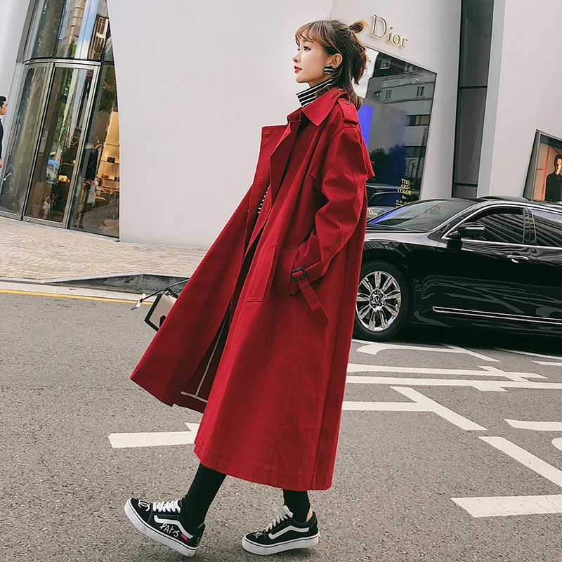 Red Новая весенняя и осенняя Женская ветровка корейская версия длинный красный плащ - Цвет: Red