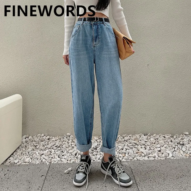 

FINEWORDS Vintage Casual Boyfriend High Waisted Jeans Women With Belt Plus Size Loose Streetwear Mom Jeans Korean Wide Leg Jeans