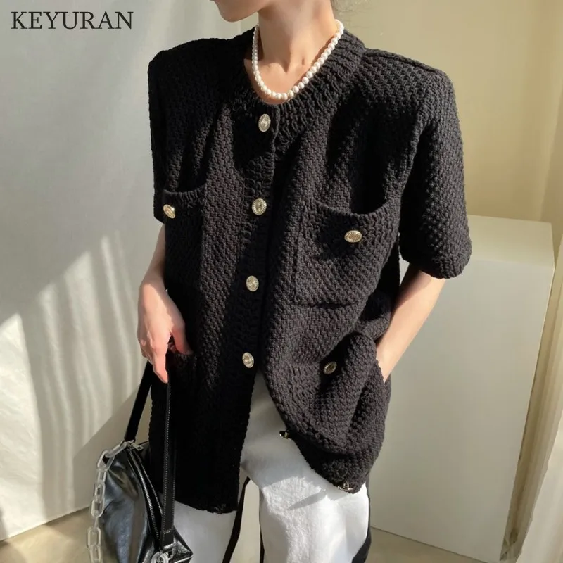 

Summer Short Sleeve Knitted Cardigans Tops 2021 New Korean Chic Single Breasted Short Sleeves Knitting Coat Loose Basic Jackets