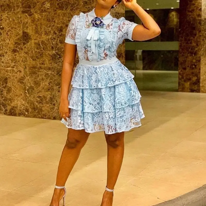 African Fashion Women Elegant Lace Cake Dress Short Party Ball Gown Sleeve Bowknot Sweet Princess Mini | Женская одежда