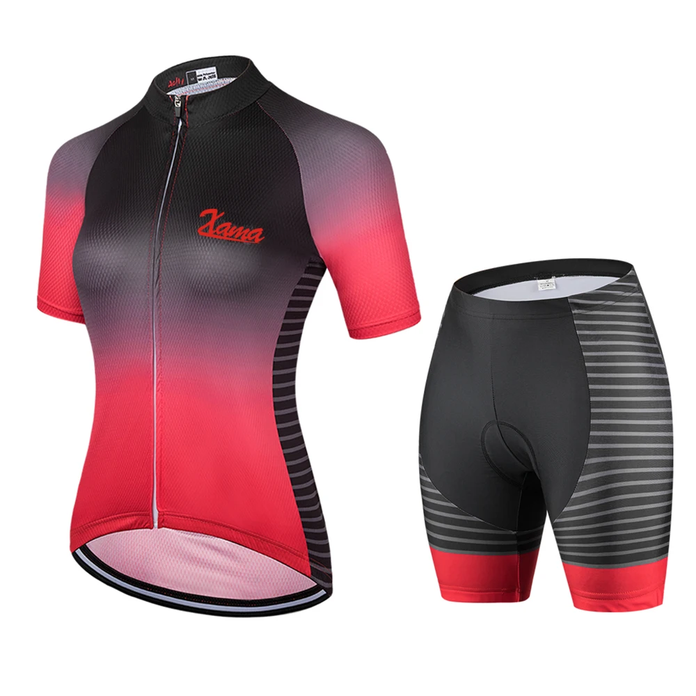 

2022 Xama Pro Women's Black Red Gradient Color Short Sleeve Cycling Jersey Bib Pant Conjunto Feminino Ciclismo Maillot Mujer