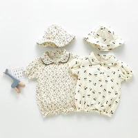 2022 summer baby girl short sleeve romper new cherry print romper for girls fashion floral jumpsuit with sun hat cotton clothes