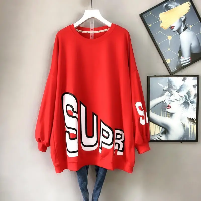 QWEEK Korean Fashion Letter Print Oversized Crewneck Sweatshirt 2021 Autumn Streetwear Long Sleeve Tops Kpop Clothes Loose images - 6