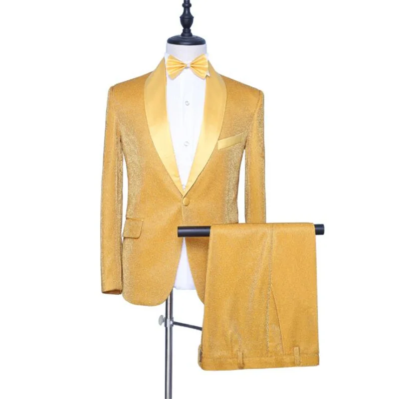 

Gold blazer men groom suit set with pants mens wedding suits costume singer star style dance stage clothing formal dress yellow