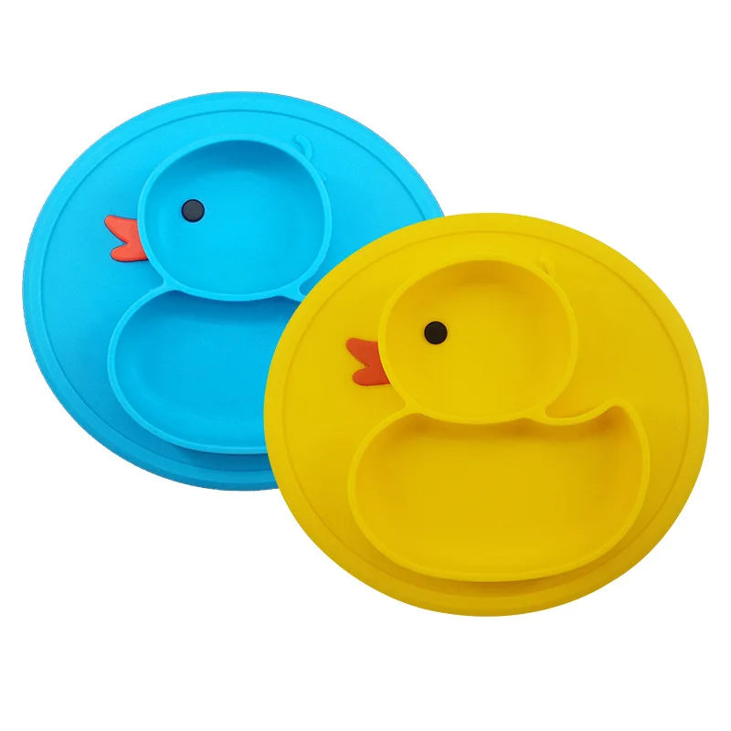 baby kids plate yellow duck plate cute children anti-slip integrated partition plate convenient  food grade silicone duck pad