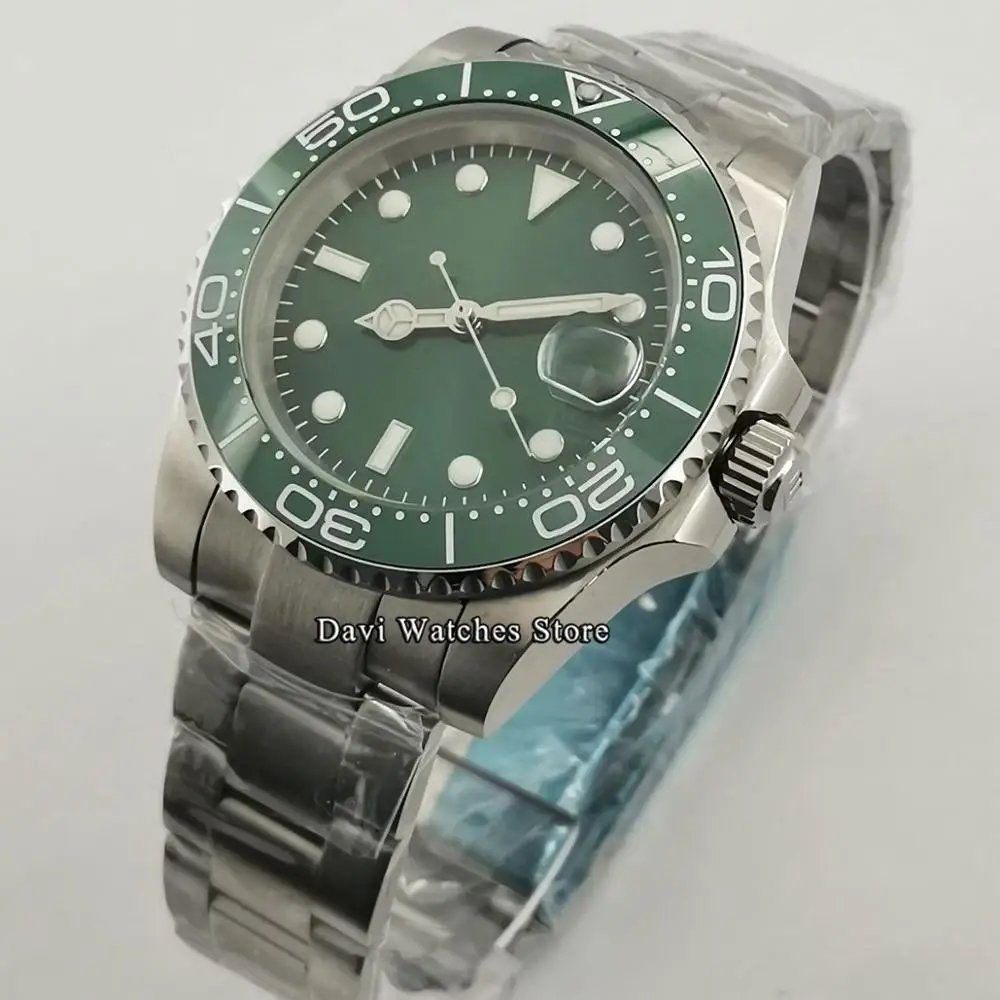 

40mm Bliger/Sterile Green Dial Ceramic Bezel Mens Watches Sapphire Glass Luminous Date 24 Jewels Japan NH35 Automatic Movement