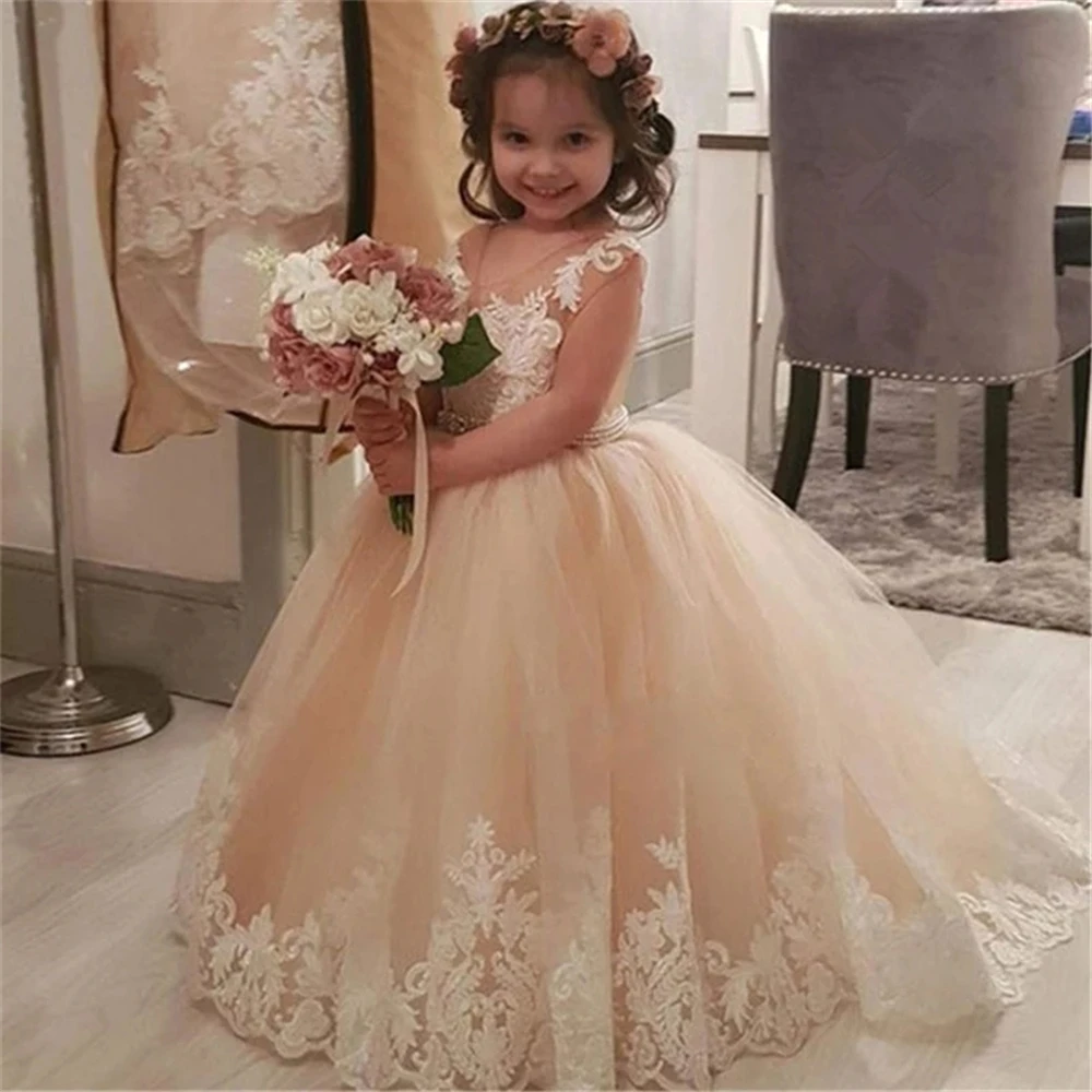 

Kids Puffy Ivory Tulle Lace Ball Gown Flower Girl Dresses Puffy Satin Bow Girl Princess Dresses Long Kids Communion Dresses