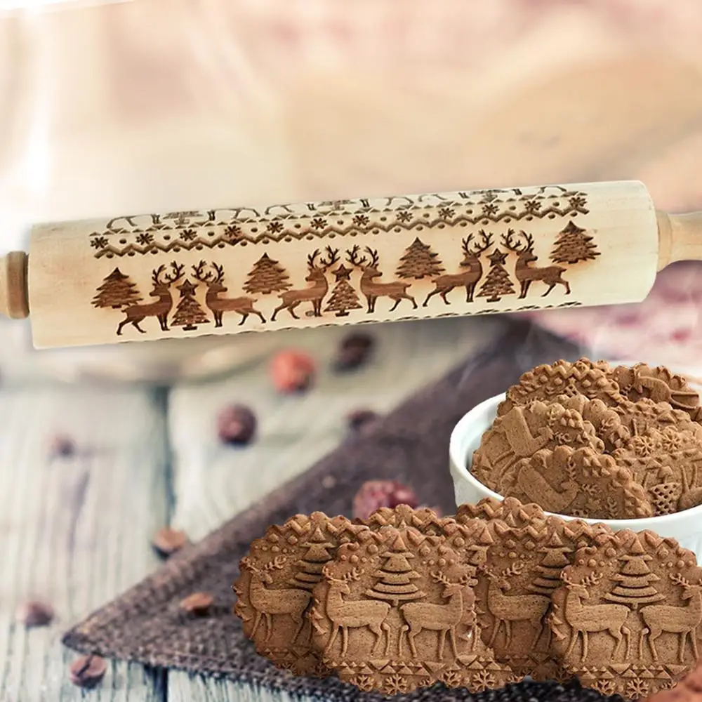 35*5cm Christmas Embossing Rolling Pin Baking Cookies Biscuit Fondant Cake Dough Engraved Wooden Roller Reindeer Elk Snowflake | Дом и сад
