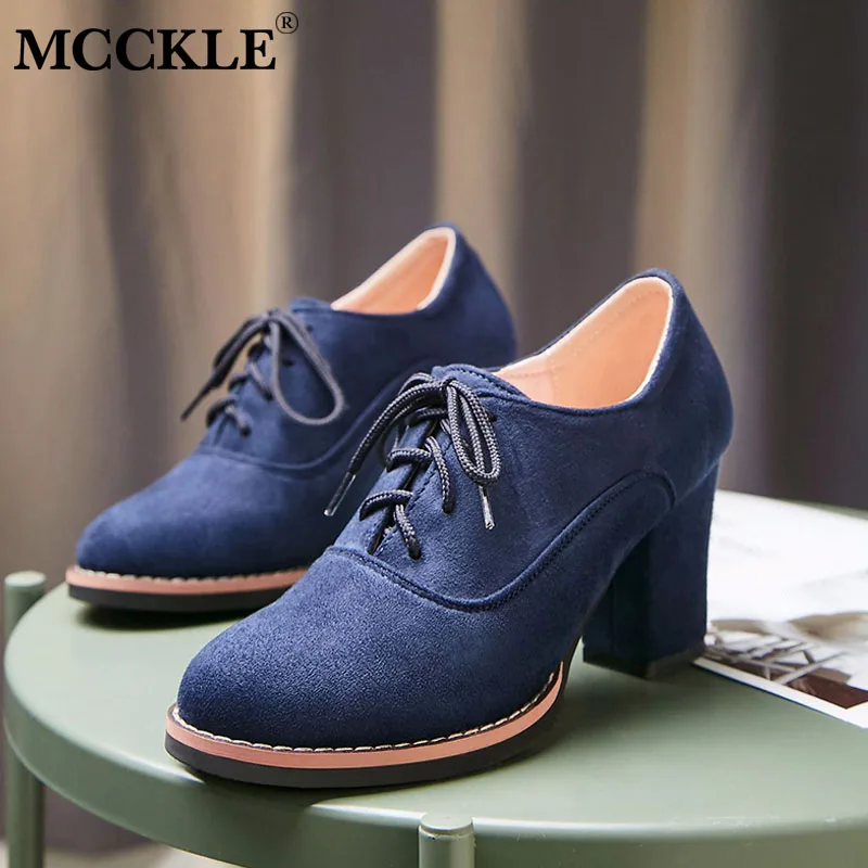 MCCKLE Autumn Shoes Women Pumps Suede Nubuck Lace Up Chunky Heels Ladies Fashion Platform Female Shoes Casual New Footwear