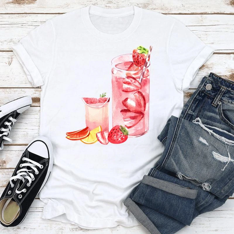 

Female Tee Tops Women Clothes Summer Strawberry Fruit Beach Holiday Fashion Short Sleeve Print Cartoon Tshirt Graphic T-shirt
