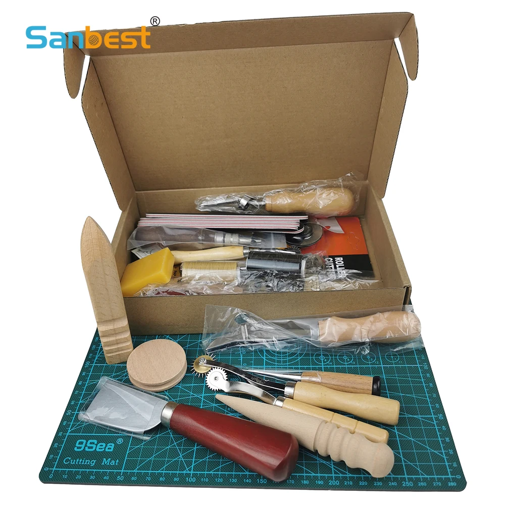 Sanbest Professional Leather Craft Tools Kit Hand Sewing Stitching Punch Carving Work Hole Saddle Groover Set Accessories DIY images - 6
