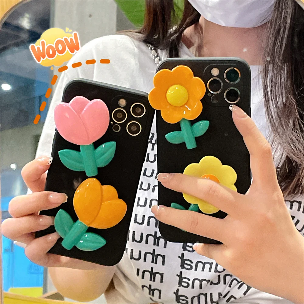 

3D Soft Silicone Smooth Cartoon Cute Pink Tulip Phone Protective Case For iphone 7 8 Plus X XR XS MAX 11 12 ProMax Mini 2020 SE