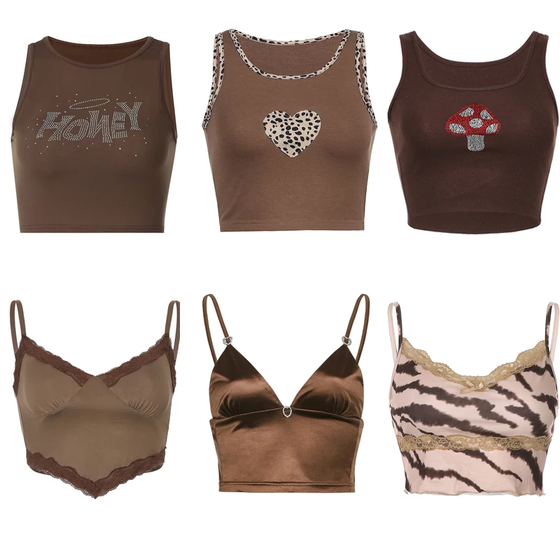 Кроп-Топ женский в стиле E-girl коричневый пикантный милый мини-топ с леопардовым