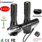 Светодиодный тактический мощный фонарик T6L2V6, 3 шт., масштабируфонарь фонарик, светодиодный фонарик для кемпинга на 18650 батареях