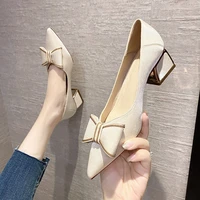 2021 spring and summer bowknot pu material 5cm mid heel metal decoration square root fashionable breathable ladies high heels