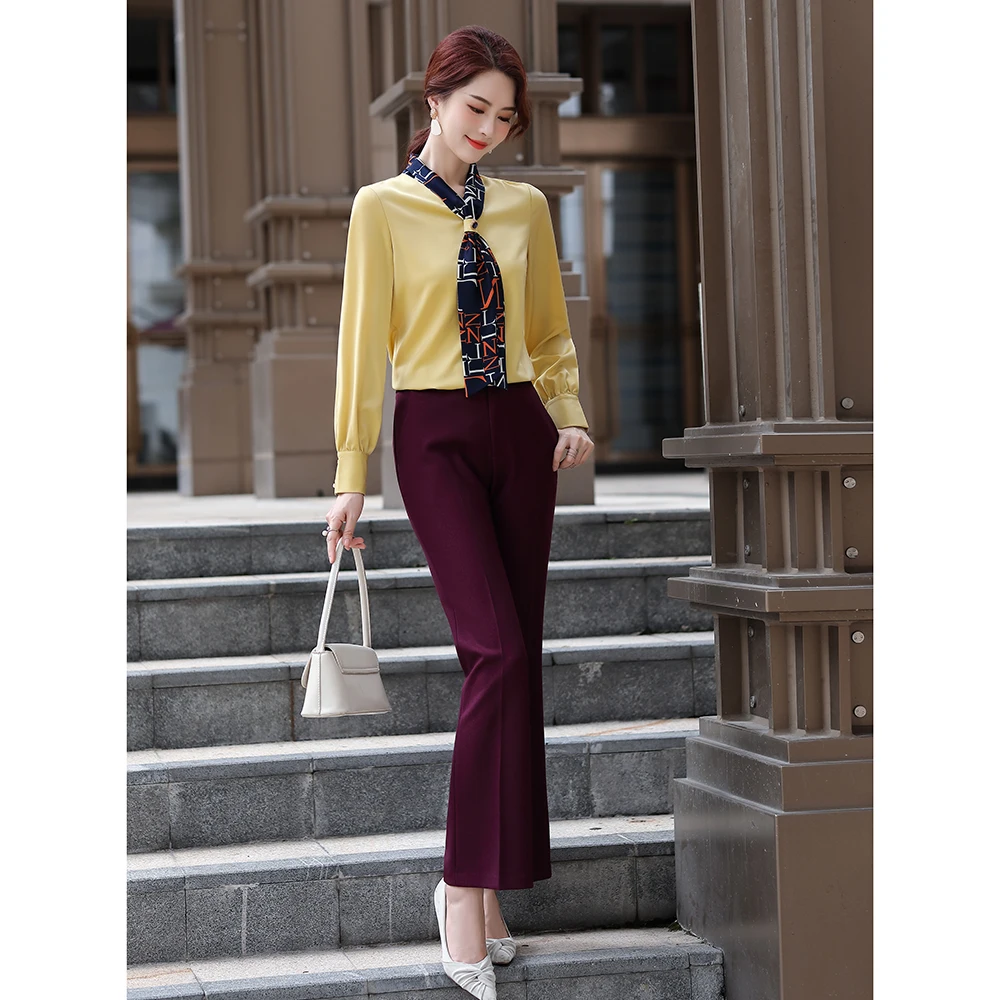 

New Autumn Elegant Solid White Yellow OL Female Blouse Long Sleeve Office Lady Shirt Formal Tops Plus Size Clothing For Women