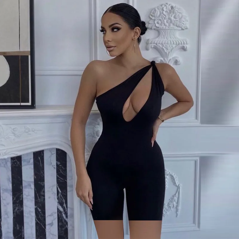 

Summer One Shoulder Knight Shorts Jumpsuit 2021 Sleeveless High Waist Tight-Fitting Exercise Sportswear Casual Women's Clothing