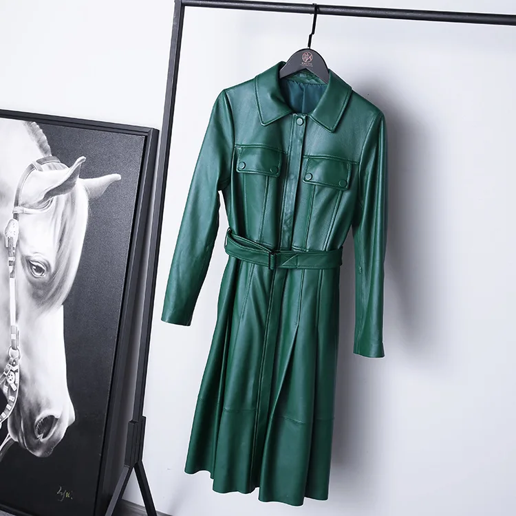 Spring Autumn France Style Women's High Quality Sheepskin Belt Trench Coat Genuine Leather Overcoat F052