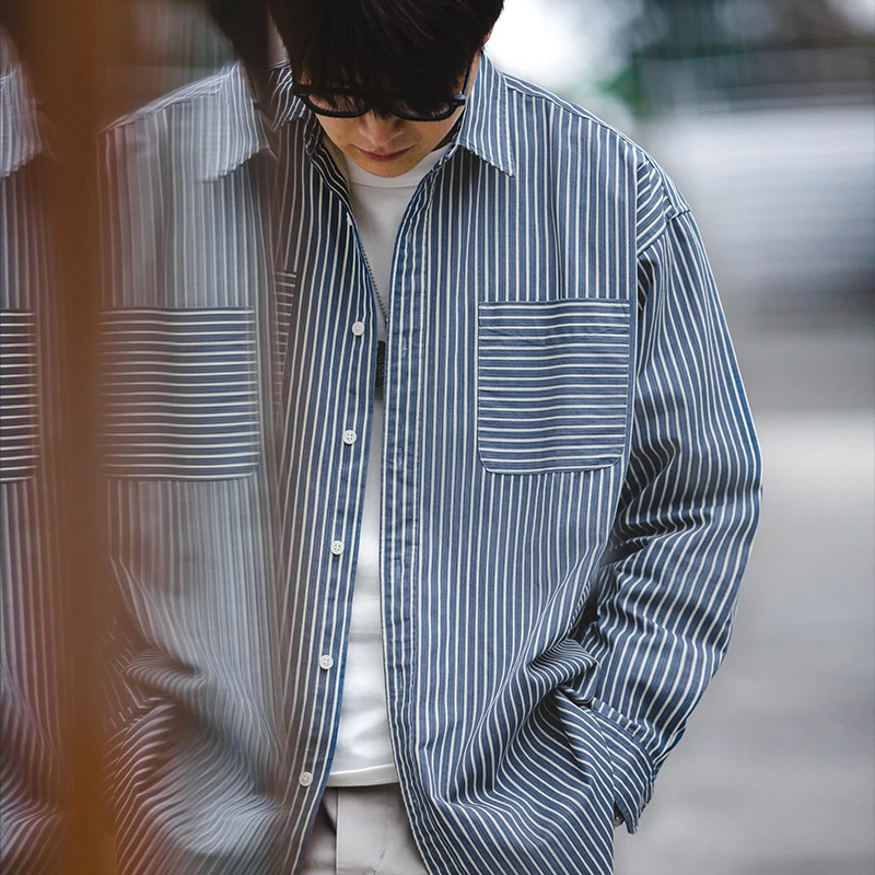 

Vintage Oversize Striped Shirts Men Casual Blue White Spring Profile Cityboy Jacket Shirt Man Clothing