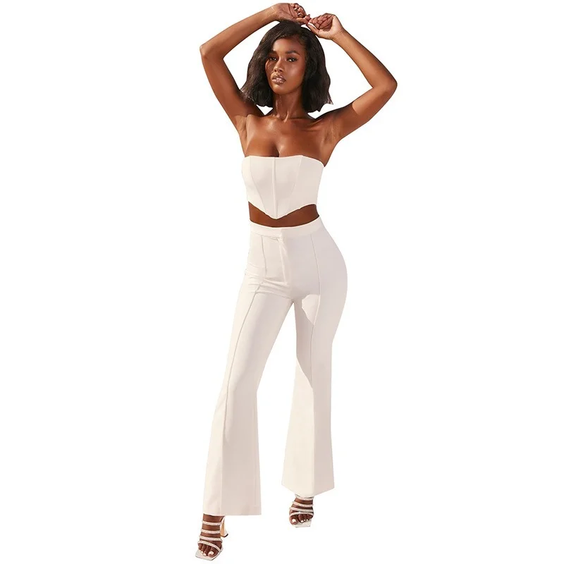 

Zipper Women White Sexy Two Piece Tank Tops Set Strapless Crop Top Long Flares Pants 2021 Summer Sexy Camis Tops Mujer Outfits