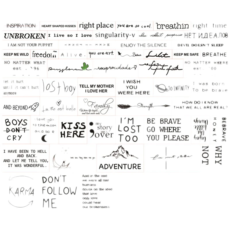 

56Sheet Waterproof Temporary Tattoo Sticker Black Devil Doesn'T Sleep English Letters Tatoo Fake Tatto for Woman Men