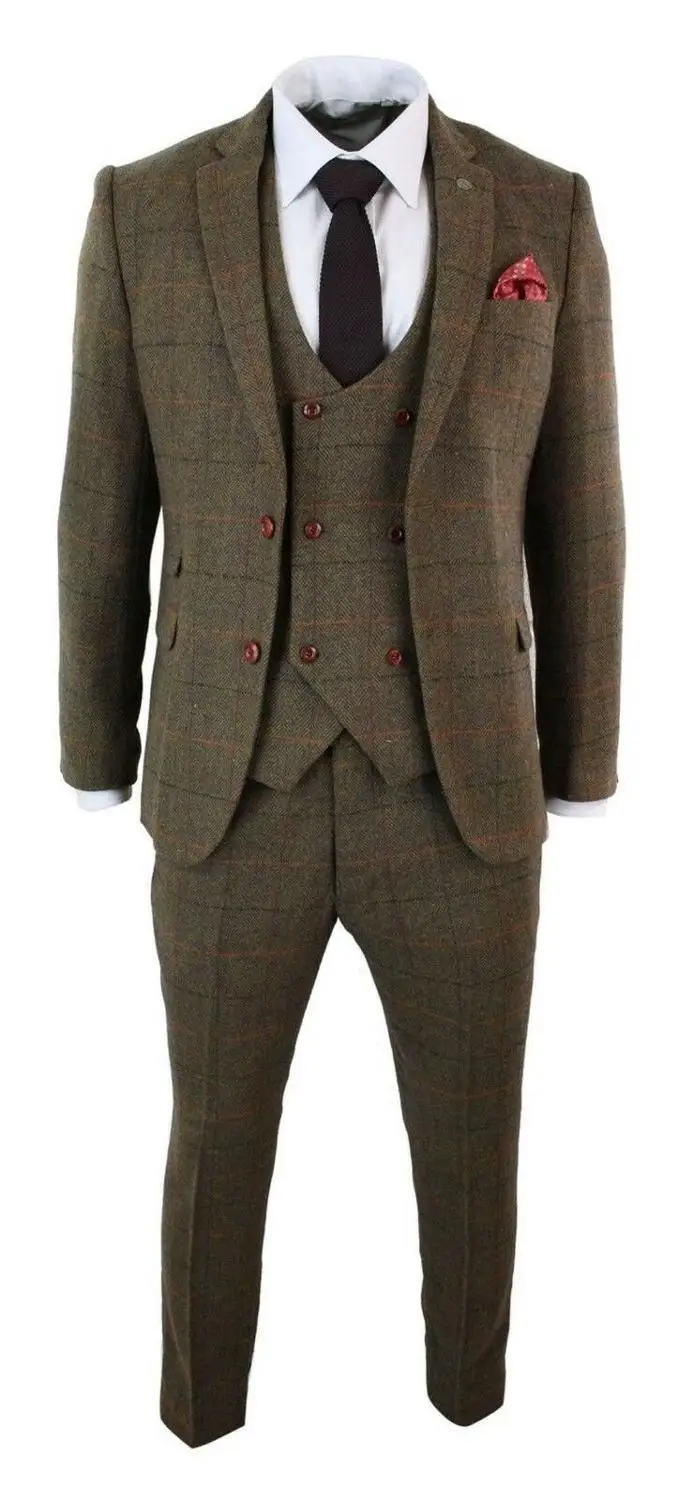 Мужской коричневый клетчатый костюм из 3 предметов с узором в елочку приталенный
