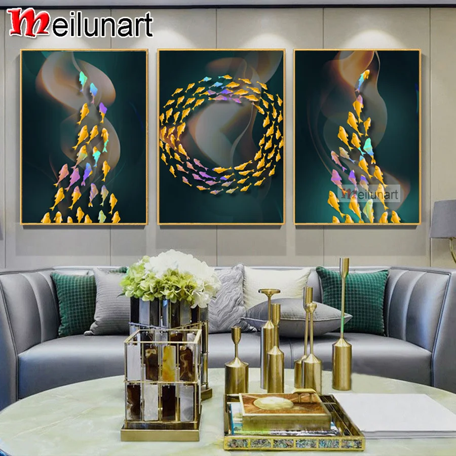 

Abstract landscape line fish diy 5d diamond painting triptych full square round diamond embroidery kits wall decoration AS0976