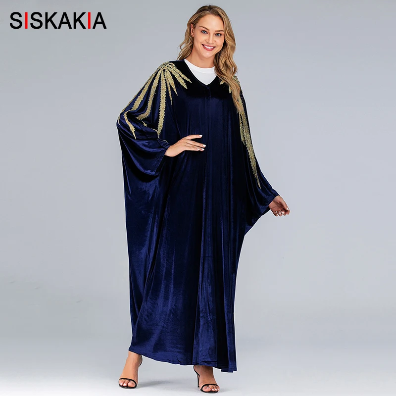 Blue Abaya Siskakia, женские халаты в форме летучей мыши, модные мусульманские, открытые, Абая, бархат, золотые листья, вышивка, большие, арабские, дубайские кимоно - Цвет: Blue Abaya