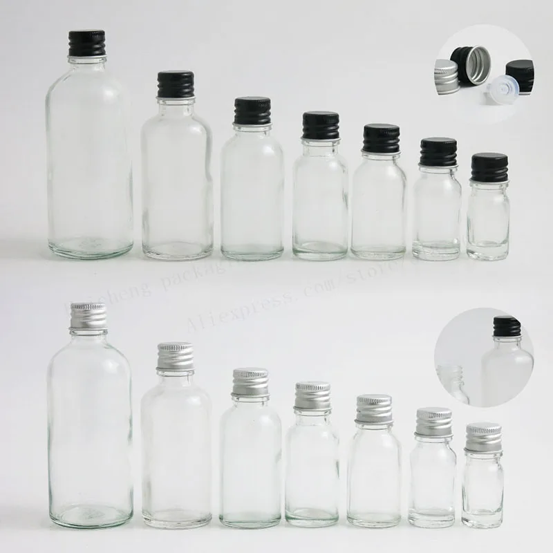 

360pcs/lot Clear Glass Bottle With Aluminum Cap For Essential Oil e Liqiud Refillable Vial 5ml 10ml 15ml 20ml 30ml 50ml 100ml
