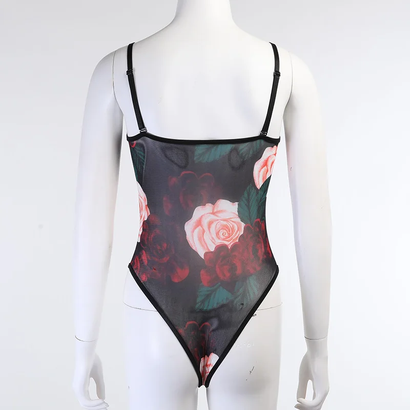 

Chifirena 2021 Summer Rose Print Sexy Bodysuit Women Spaghetti Strap Jumpsuit Elegant Club Party Romper Transparent Overalls