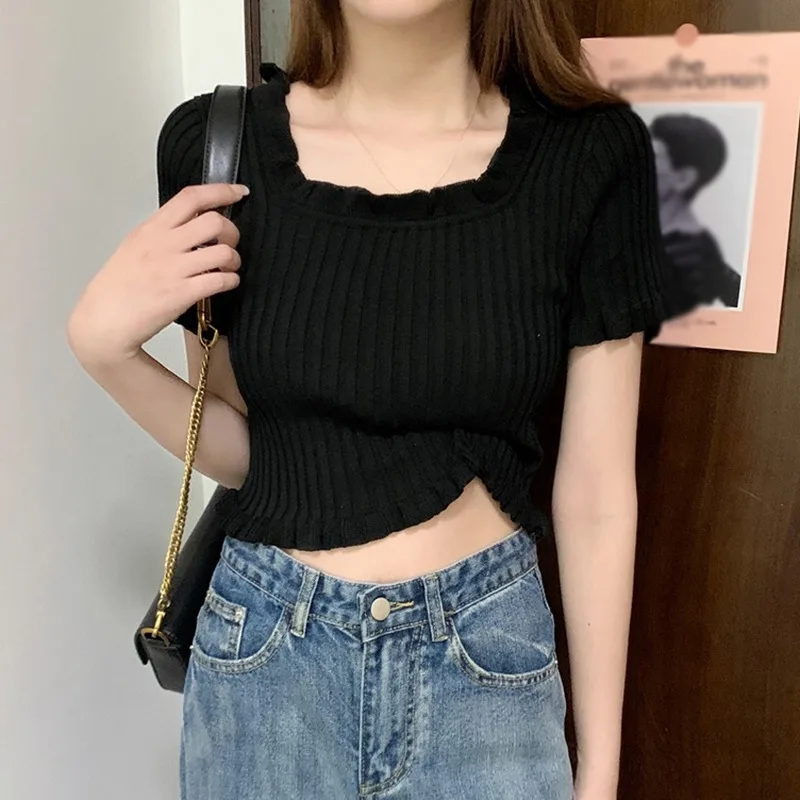 

Knitted T-Shirts for Women Square Neck Tees Ladies Short Sleeve Cute Ruffle Hem Top Cropped Solid Summer Slim Top Tees