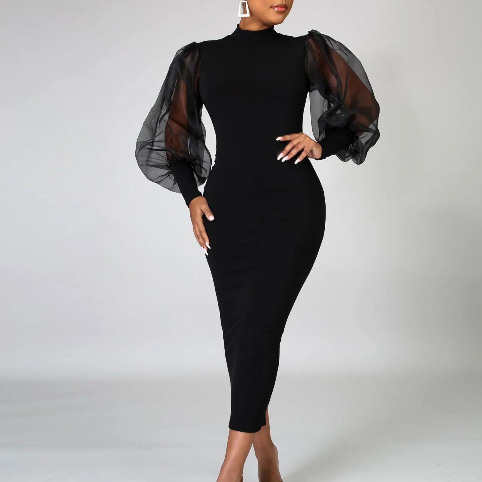 

Sexy Bodycon Dress Solid Mesh Splice Long Lantern Sleeve Dresses For Women Perspective Slim Dress Платье На Новый Год 2022