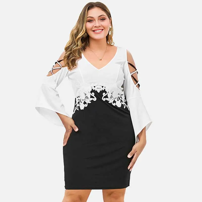 Wipalo Plus Size 5XL Criss Cross Flare Sleeve Fitted Dress Cold Shoulder V Neck Knee Length Bodycon Lace Appliqued Vestido | Женская