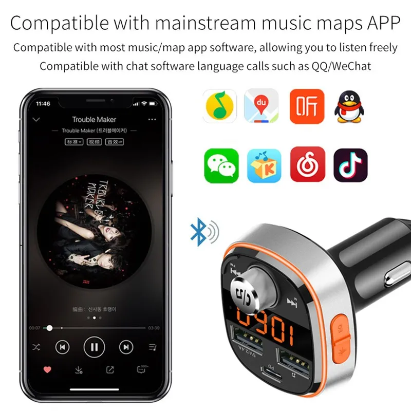 Автомобильный FM-передатчик PD 3 0 Быстрая зарядка беспроводной Bluetooth стерео