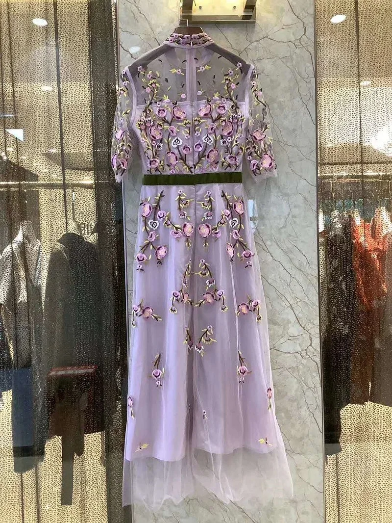 

Top Quality New 2020 Summer Wedding Party Vestidos Women Exquisite Embroidery Half Sleeve Ankle Length Pink Mesh Long Dress Maxi