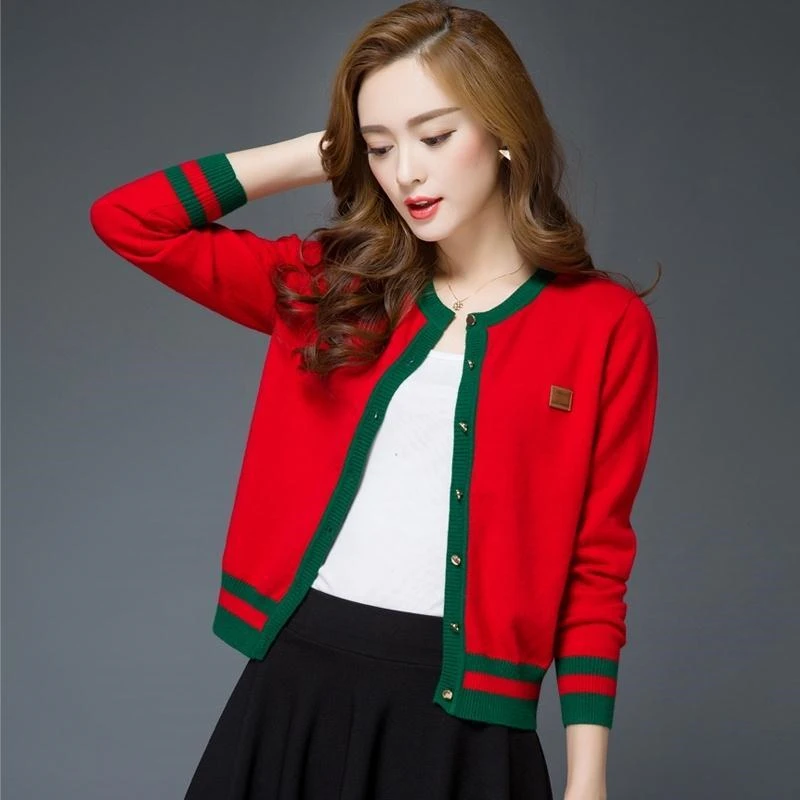 

Women's Knitted Cardigan Contrast Color Round Collar Thin Short Sweater Wholesale Spring Autumn 2021 New Fashion Female Clothing