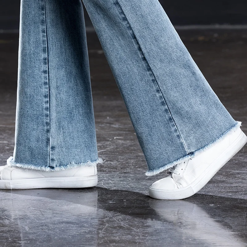 

Free Shipping women high waist flare jeans spring autumn skinny long casual pants with strech Raw edge fashion pants