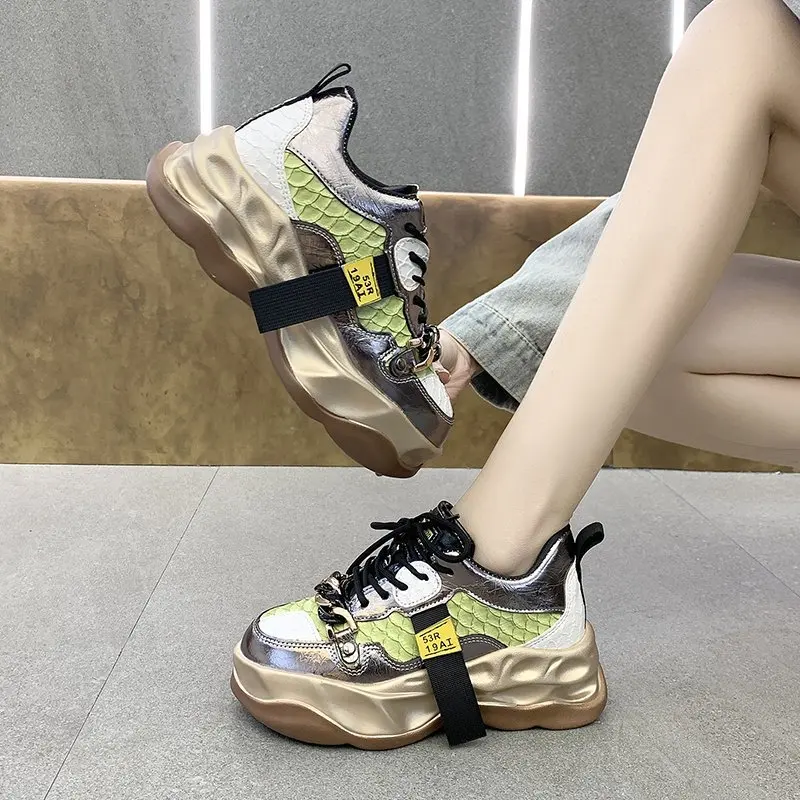 

Women's Fashion Running Platform Vulcanize Shoes 2021 New Lace-Up Mixed Colors Spring Autumn Metal Chain Women's Sports Shoes