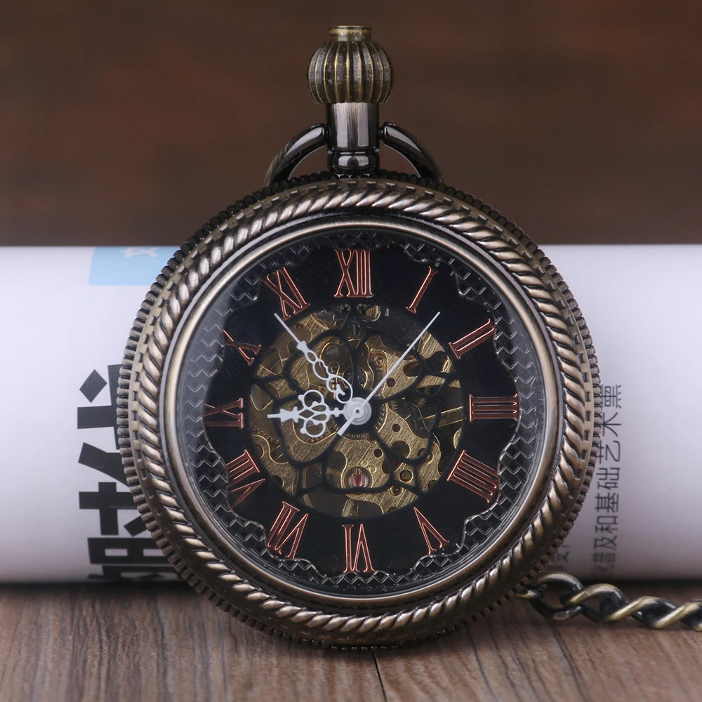 New Fashion Unique Self Wind Pocket Watch Bronze Pendant Retro Skeleton Mechanical Pocket Watch Women Men