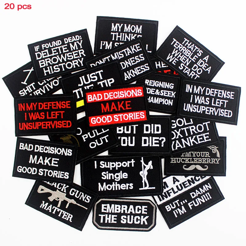 

Black Saying Words Stripes Patches Ironing Embroidered Badges Hippie Stickers for cloth Jacket Jeans DIY Appliques 20 Pcs