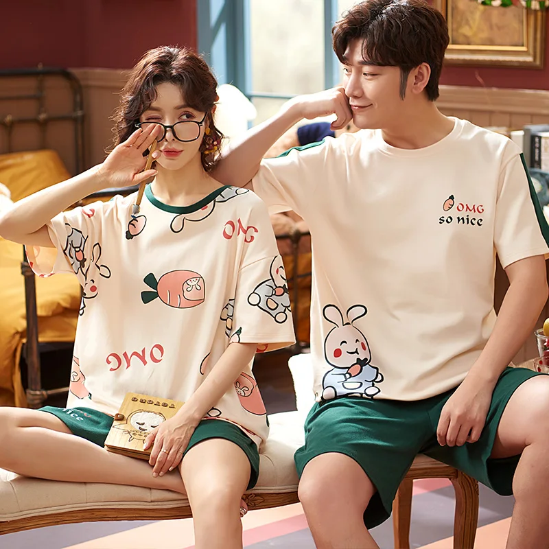 

Couple Pajamas Set Cotton Women's Summer Green O-Neck Short Sleeve Home Suit Funny Cartoon Sleepwear Plus Size Male Nightwear