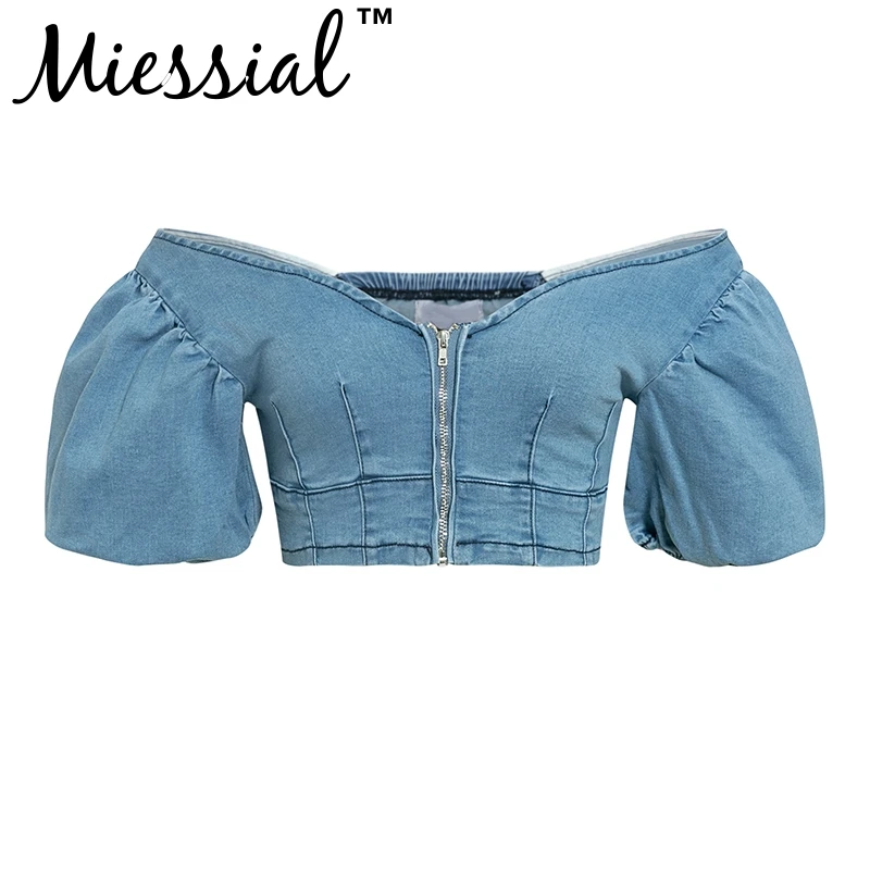 Miessial Denim off shoulder sexy crop top Lantern sleeve short tube tank women Zipper elastic party female streetwear |